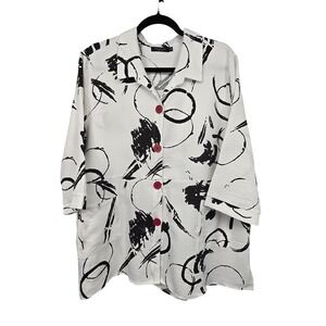 Creation Abstract‎ Artsy Button Up Shirt Women XXL White Black Flowy Lagenlook